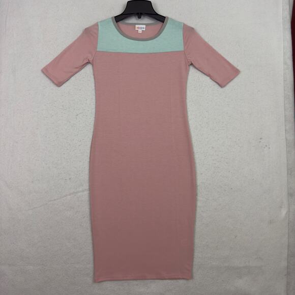 LuLaRoe Julia Dress Womens XXS Pink Blue Colorblock Stretch Knee Length USA - Picture 7 of 12